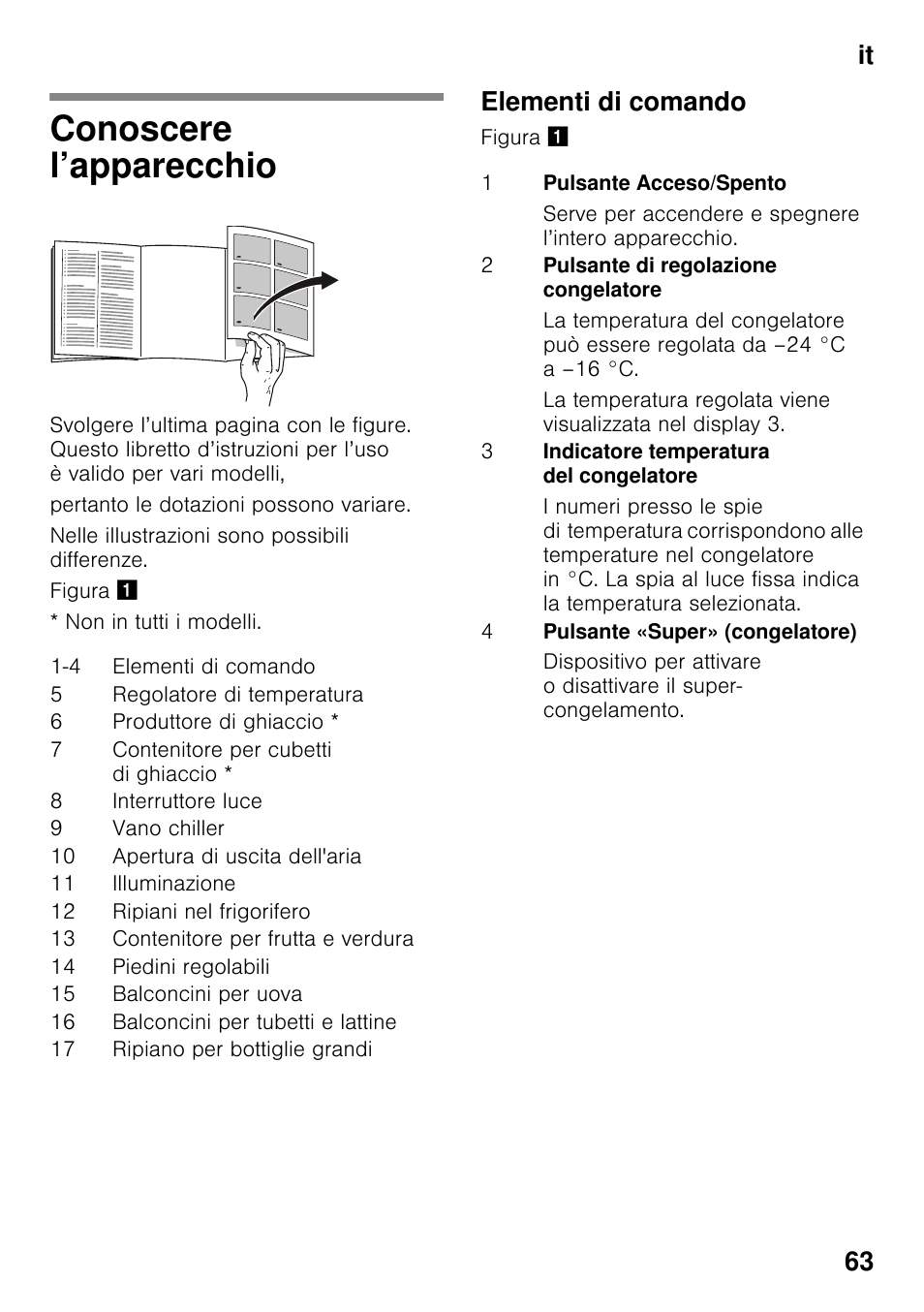 Conoscere l’apparecchio, Elementi di comando, It 63 | Bosch KDN32X45 Réfrigérateur-congélateur 2 portes Confort User Manual | Page 63 / 95