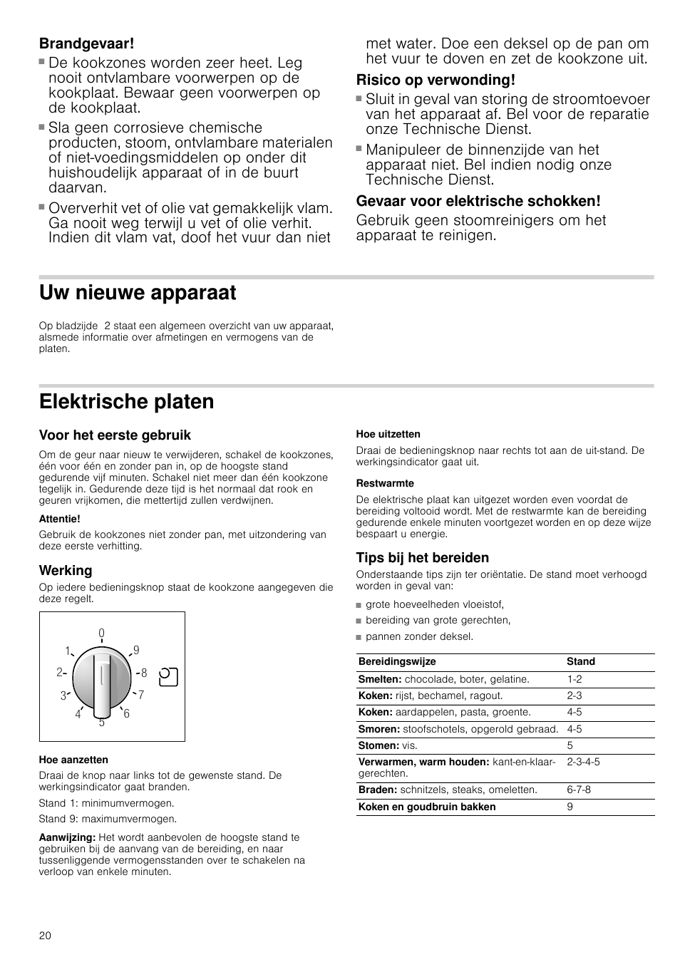 Brandgevaar, Risico op verwonding, Gevaar voor elektrische schokken | Uw nieuwe apparaat, Elektrische platen, Voor het eerste gebruik, Attentie, Werking, Hoe aanzetten, Aanwijzing | Bosch NCT615C01 Table électrique 60cm User Manual | Page 20 / 23