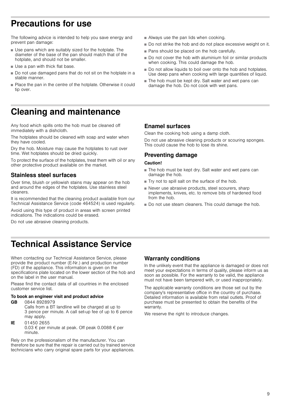 Precautions for use, Cleaning and maintenance, Stainless steel surfaces | Enamel surfaces, Preventing damage, Caution, Technical assistance service, To book an engineer visit and product advice, Warranty conditions, Vice warranty conditions | Bosch NCT615C01 Table électrique 60cm User Manual | Page 9 / 23
