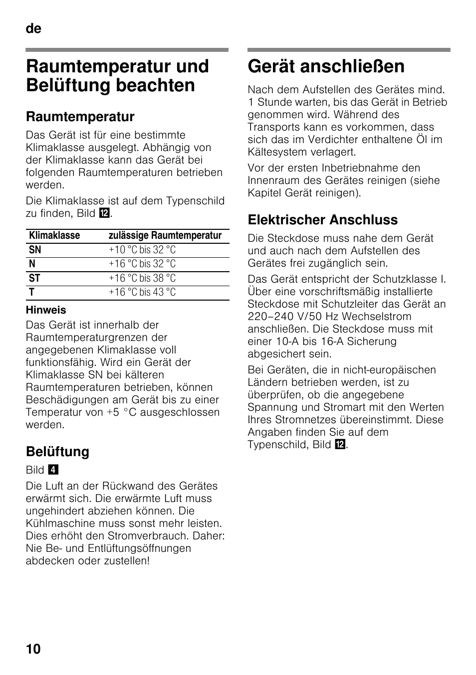 Raumtemperatur und belüftung beachten, Raumtemperatur, Belüftung | Gerät anschließen, Elektrischer anschluss, Beachten gerät anschließen, De 10 | Bosch GSN33VW30 User Manual | Page 10 / 98
