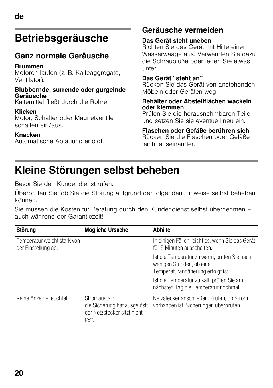 Betriebsgeräusche, Ganz normale geräusche, Brummen | Blubbernde, surrende oder gurgelnde geräusche, Klicken, Knacken, Geräusche vermeiden, Das gerät steht uneben, Das gerät “steht an, Behälter oder abstellflächen wackeln oder klemmen | Bosch GSN33VW30 User Manual | Page 20 / 98