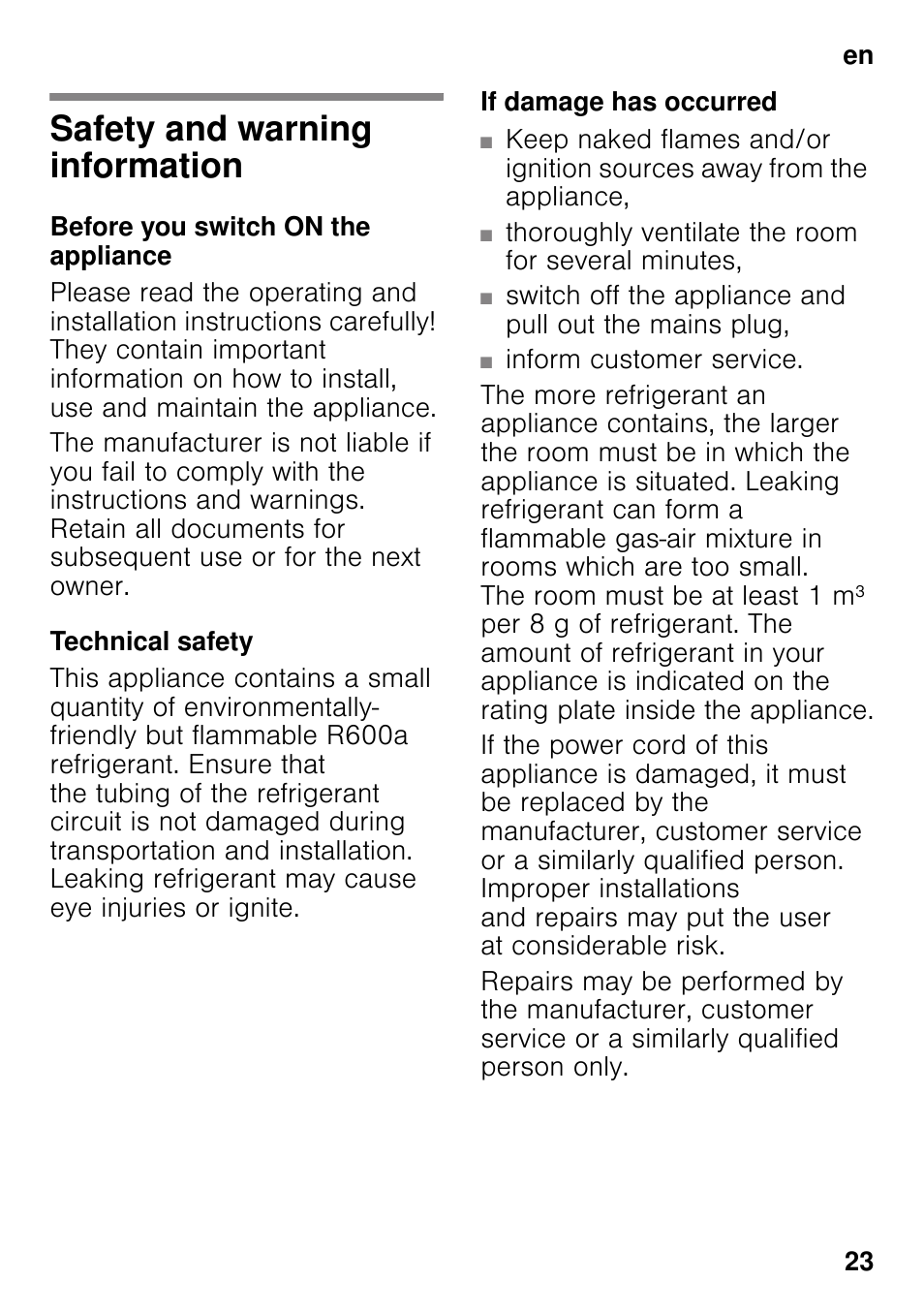 En table of contentsen instruction for use, Safety and warning information, Before you switch on the appliance | Technical safety, If damage has occurred, Instruction for use | Bosch GSN33VW30 User Manual | Page 23 / 98