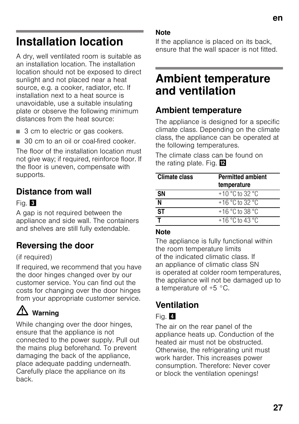 Installation location, Distance from wall, Reversing the door | Ambient temperature and ventilation, Ambient temperature, Ventilation, En 27 | Bosch GSN33VW30 User Manual | Page 27 / 98