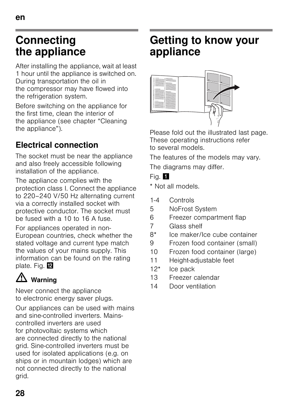 Connecting the appliance, Electrical connection, Getting to know your appliance | En 28 | Bosch GSN33VW30 User Manual | Page 28 / 98