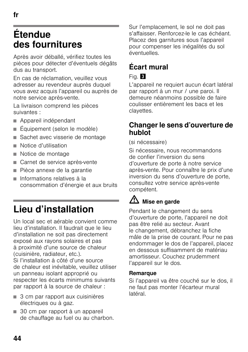 Étendue des fournitures, Lieu d’installation, Écart mural | Changer le sens d’ouverture de hublot, Étendue des fournitures lieu d’installation, Fr 44 | Bosch GSN33VW30 User Manual | Page 44 / 98