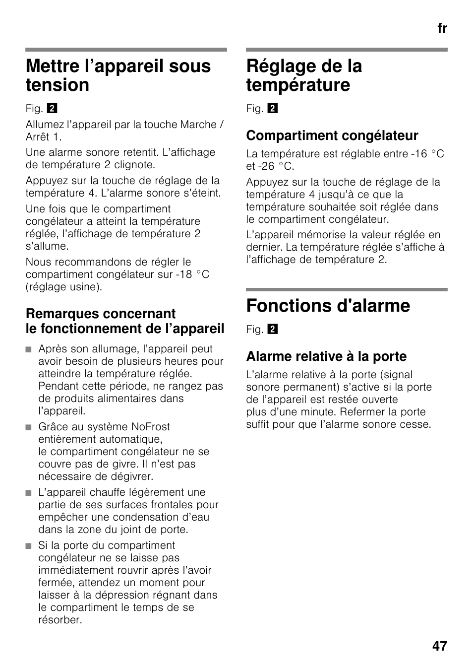 Mettre l’appareil sous tension, Réglage de la température, Compartiment congélateur | Fonctions d'alarme, Alarme relative à la porte, Fr 47 | Bosch GSN33VW30 User Manual | Page 47 / 98