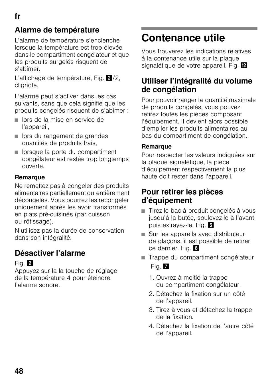 Alarme de température, Désactiver l’alarme, Contenance utile | Utiliser l’intégralité du volume de congélation, Pour retirer les pièces d’équipement, Fr 48 alarme de température | Bosch GSN33VW30 User Manual | Page 48 / 98