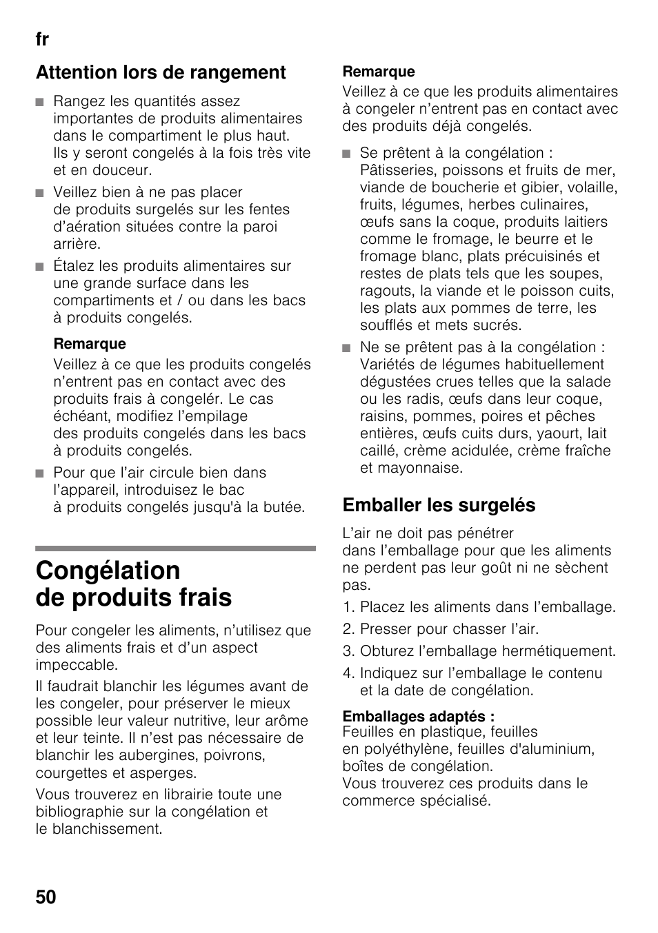 Attention lors de rangement, Congélation de produits frais, Emballer les surgelés | Emballages adaptés, Fr 50 attention lors de rangement | Bosch GSN33VW30 User Manual | Page 50 / 98