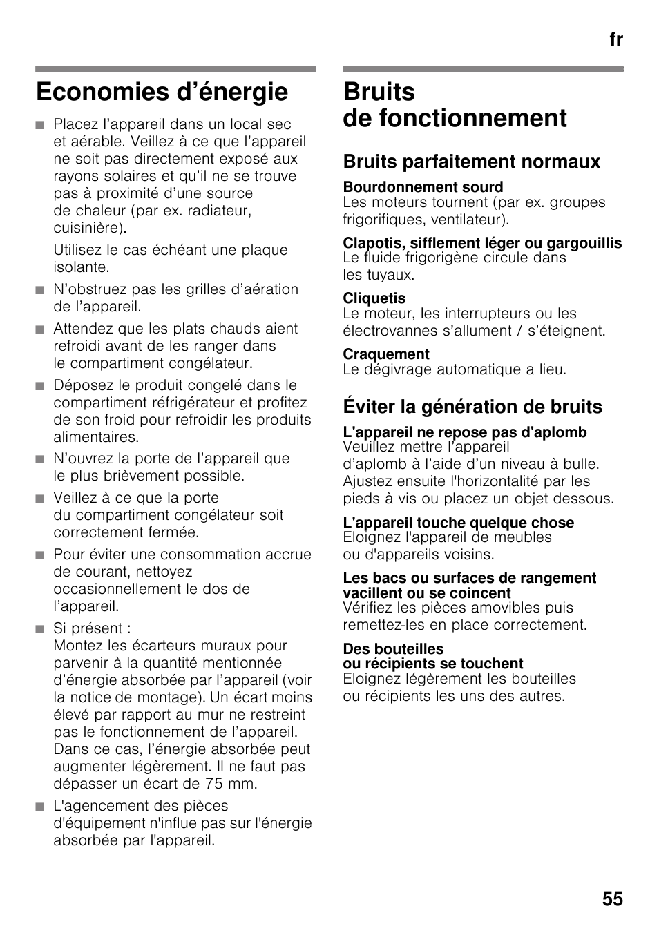 Economies d’énergie, Bruits de fonctionnement, Bruits parfaitement normaux | Bourdonnement sourd, Clapotis, sifflement léger ou gargouillis, Cliquetis, Craquement, Éviter la génération de bruits, L'appareil ne repose pas d'aplomb, L'appareil touche quelque chose | Bosch GSN33VW30 User Manual | Page 55 / 98