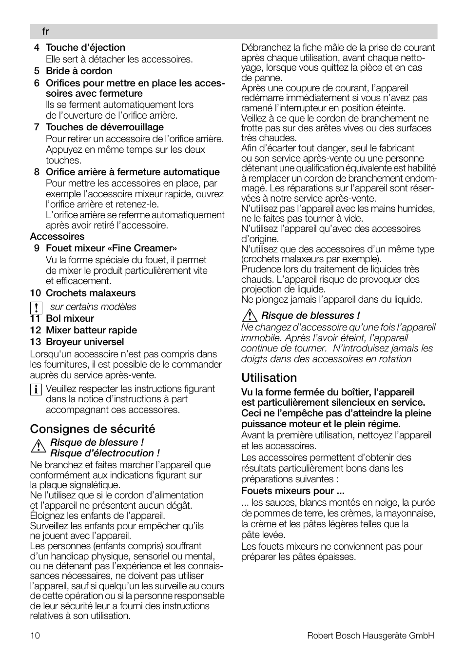 Consignes de sécurité, Utilisation | Bosch MFQ4020 Batteur blanc anthracite User Manual | Page 10 / 70