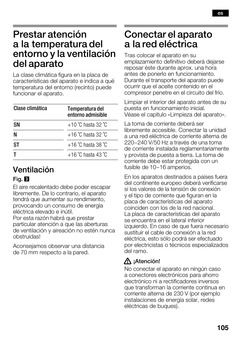 Conectar el aparato a la red eléctrica, Ventilación | Bosch KGN36SM30 Réfrigérateur-congélateur combiné Premium Luxe User Manual | Page 105 / 143