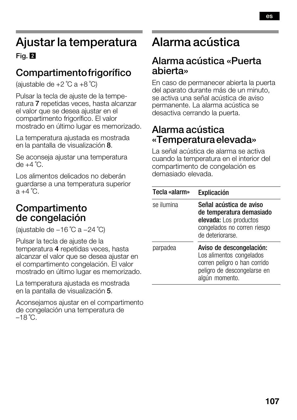 Ajustar la temperatura, Alarma acústica, Compartimento frigorífico | Compartimento de congelación, Alarma acústica «puerta abierta, Alarma acústica «temperatura elevada | Bosch KGN36SM30 Réfrigérateur-congélateur combiné Premium Luxe User Manual | Page 107 / 143