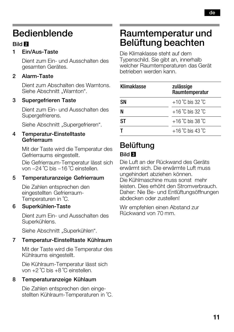 Bedienblende, Raumtemperatur und belüftung beachten, Belüftung | Bosch KGN36SM30 Réfrigérateur-congélateur combiné Premium Luxe User Manual | Page 11 / 143