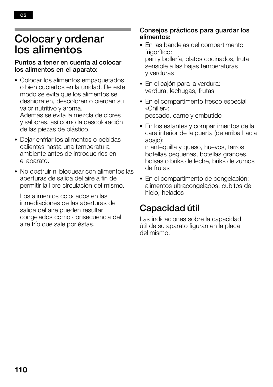 Colocar y ordenar los alimentos, Capacidad útil | Bosch KGN36SM30 Réfrigérateur-congélateur combiné Premium Luxe User Manual | Page 110 / 143