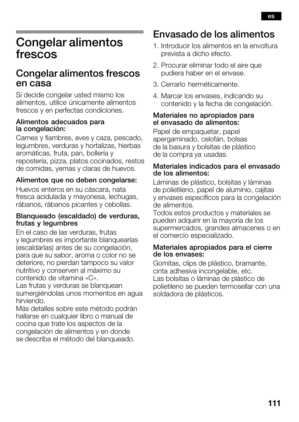 Congelar alimentos frescos, Congelar alimentos frescos en casa, Envasado de los alimentos | Bosch KGN36SM30 Réfrigérateur-congélateur combiné Premium Luxe User Manual | Page 111 / 143