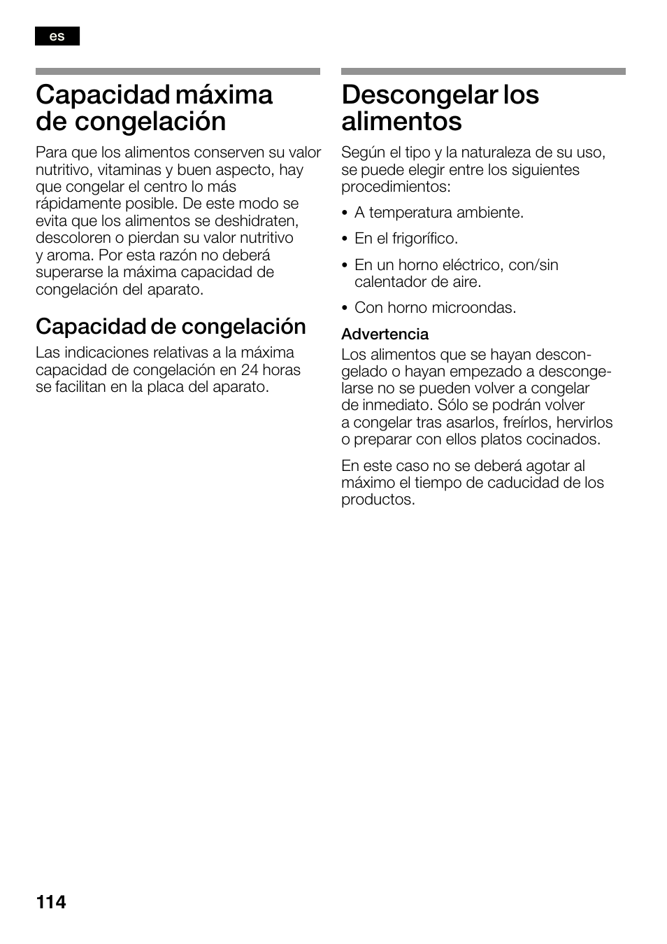 Capacidad máxima de congelación, Descongelar los alimentos, Capacidad de congelación | Bosch KGN36SM30 Réfrigérateur-congélateur combiné Premium Luxe User Manual | Page 114 / 143
