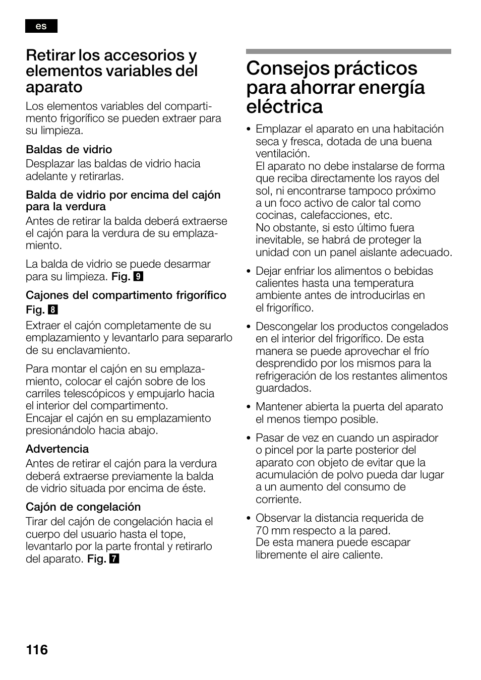 Consejos prácticos para ahorrar energía eléctrica | Bosch KGN36SM30 Réfrigérateur-congélateur combiné Premium Luxe User Manual | Page 116 / 143
