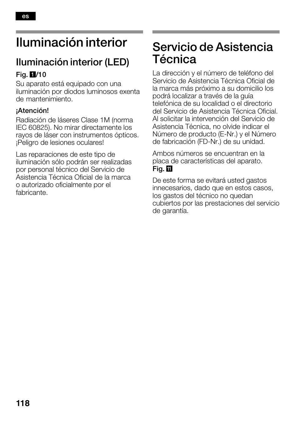 Iluminación interior, Servicio de asistencia técnica, Iluminación interior (led) | Bosch KGN36SM30 Réfrigérateur-congélateur combiné Premium Luxe User Manual | Page 118 / 143