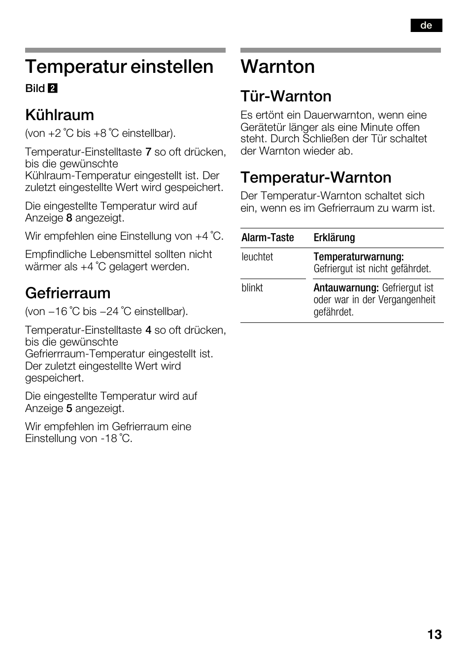 Temperatur einstellen, Warnton, Kühlraum | Gefrierraum, Türćwarnton, Temperaturćwarnton | Bosch KGN36SM30 Réfrigérateur-congélateur combiné Premium Luxe User Manual | Page 13 / 143
