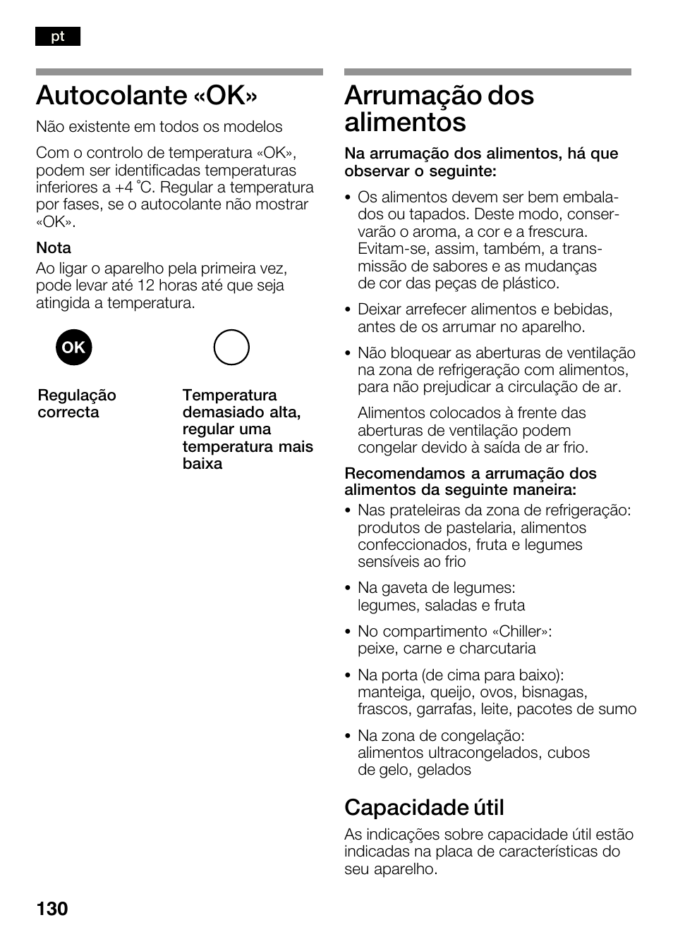 Autocolante «ok, Arrumação dos alimentos, Capacidade útil | Bosch KGN36SM30 Réfrigérateur-congélateur combiné Premium Luxe User Manual | Page 130 / 143