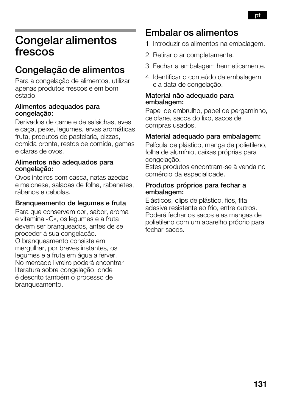 Congelar alimentos frescos, Congelação de alimentos, Embalar os alimentos | Bosch KGN36SM30 Réfrigérateur-congélateur combiné Premium Luxe User Manual | Page 131 / 143