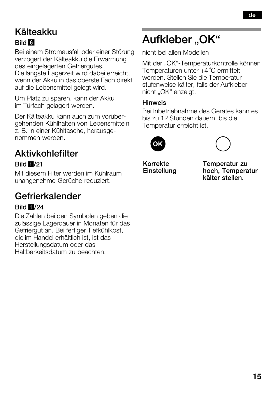 Aufkleber ęok, Kälteakku, Aktivkohlefilter | Gefrierkalender | Bosch KGN36SM30 Réfrigérateur-congélateur combiné Premium Luxe User Manual | Page 15 / 143