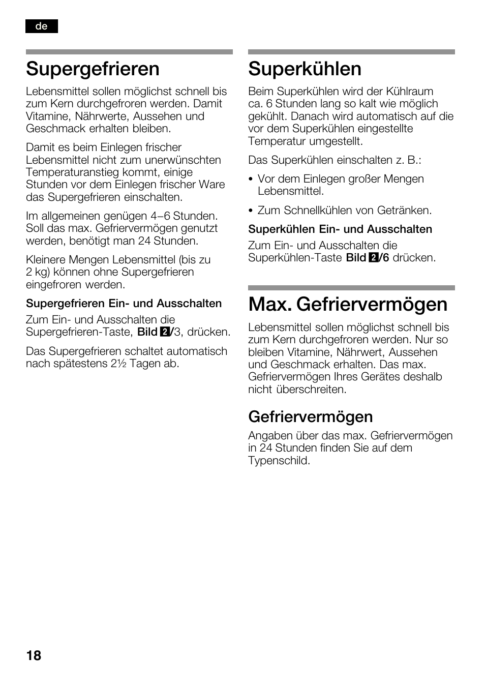 Supergefrieren, Superkühlen, Max. gefriervermögen | Gefriervermögen | Bosch KGN36SM30 Réfrigérateur-congélateur combiné Premium Luxe User Manual | Page 18 / 143