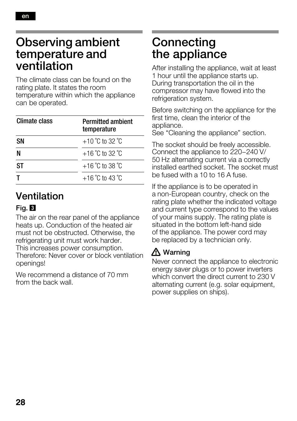 Observing ambient temperature and ventilation, Connecting the appliance, Ventilation | Bosch KGN36SM30 Réfrigérateur-congélateur combiné Premium Luxe User Manual | Page 28 / 143
