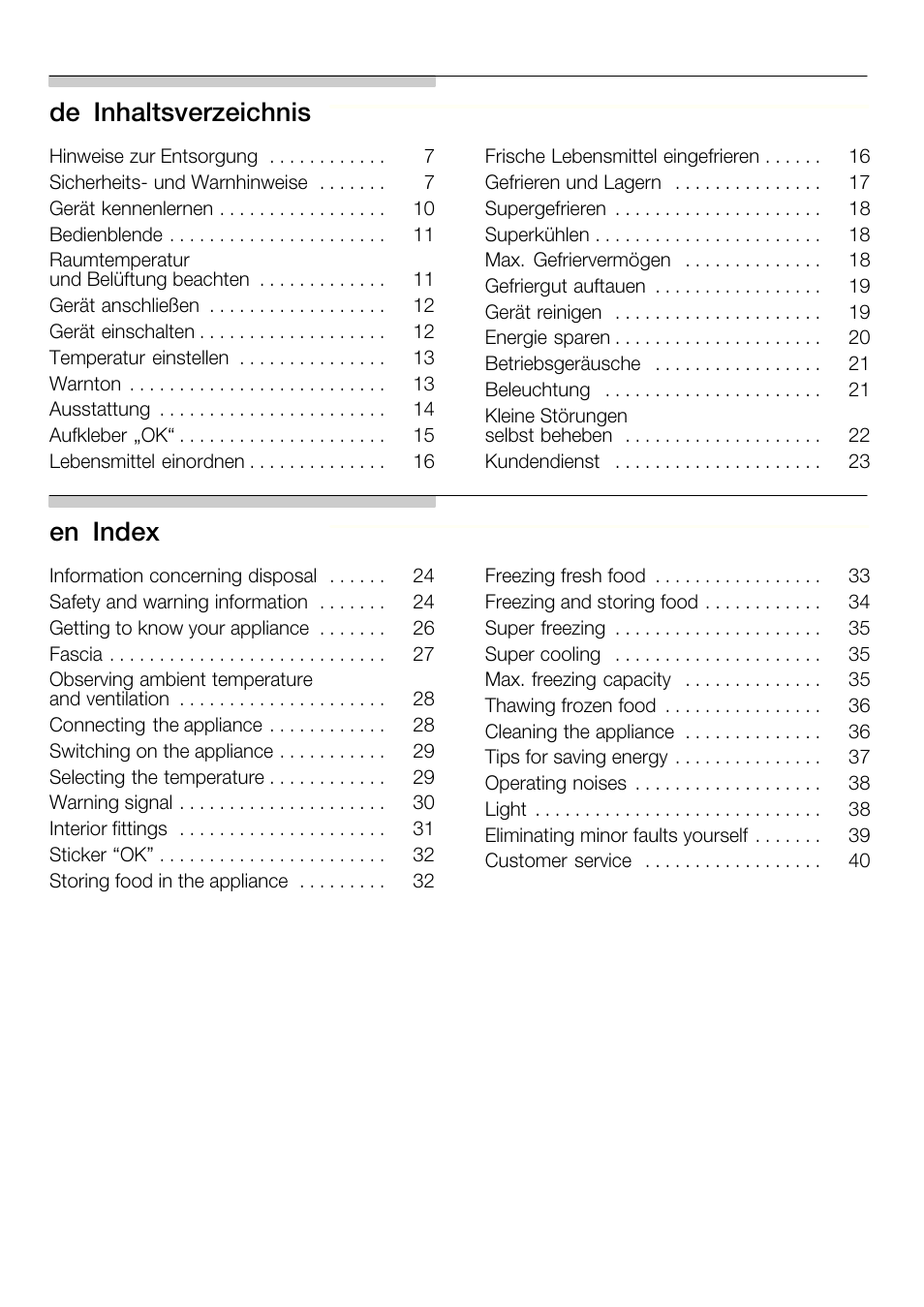 Deąinhaltsverzeichnis, Enąindex | Bosch KGN36SM30 Réfrigérateur-congélateur combiné Premium Luxe User Manual | Page 3 / 143