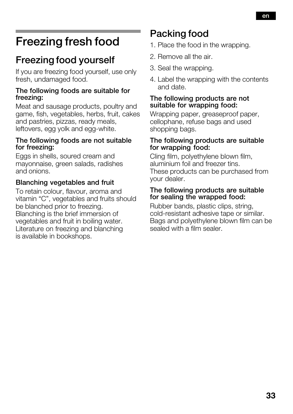 Freezing fresh food, Freezing food yourself, Packing food | Bosch KGN36SM30 Réfrigérateur-congélateur combiné Premium Luxe User Manual | Page 33 / 143