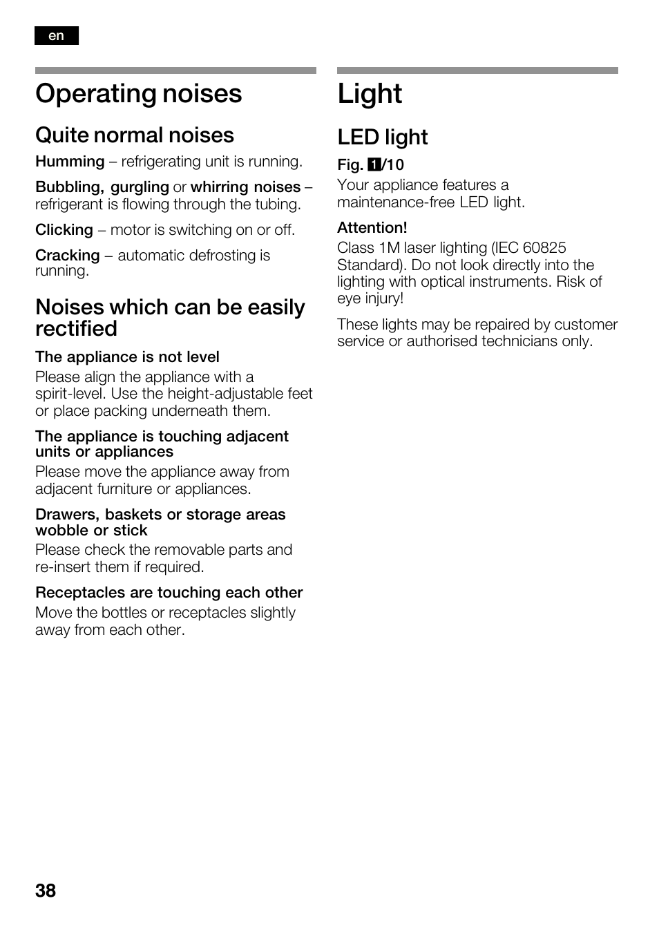 Light, Operating noises, Quite normal noises | Noises which can be easily rectified, Led light | Bosch KGN36SM30 Réfrigérateur-congélateur combiné Premium Luxe User Manual | Page 38 / 143