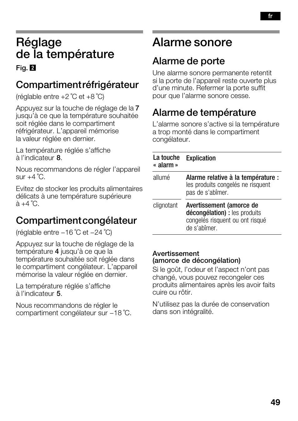 Réglage de la température, Alarme sonore, Compartiment réfrigérateur | Compartiment congélateur, Alarme de porte, Alarme de température | Bosch KGN36SM30 Réfrigérateur-congélateur combiné Premium Luxe User Manual | Page 49 / 143