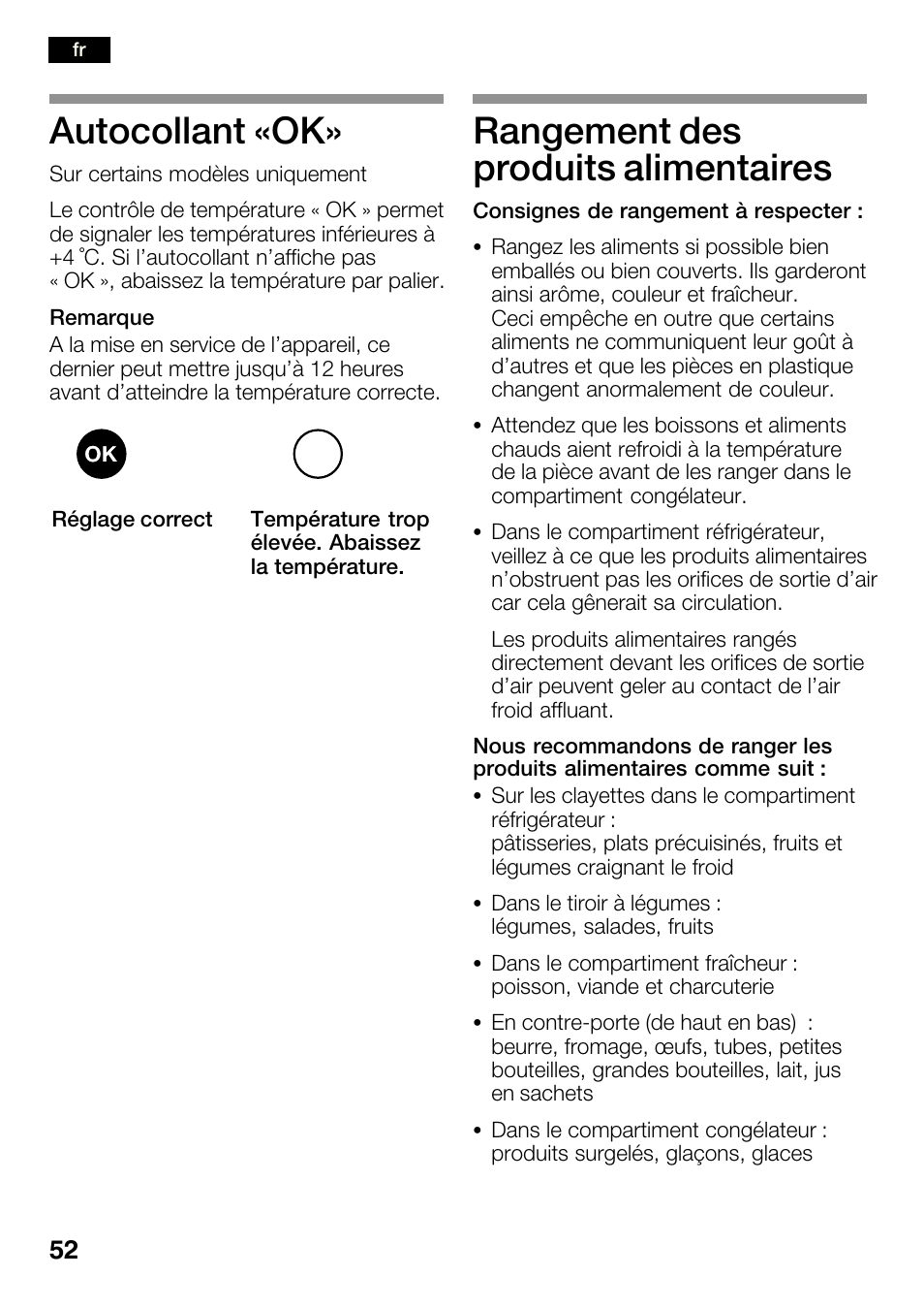 Autocollant «ok, Rangement des produits alimentaires | Bosch KGN36SM30 Réfrigérateur-congélateur combiné Premium Luxe User Manual | Page 52 / 143