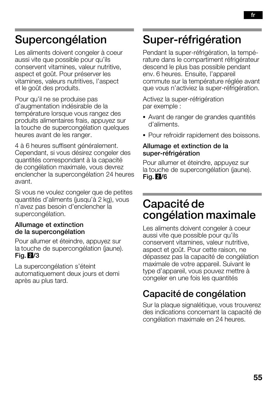 Supercongélation, Superćréfrigération, Capacité de congélation maximale | Capacité de congélation | Bosch KGN36SM30 Réfrigérateur-congélateur combiné Premium Luxe User Manual | Page 55 / 143