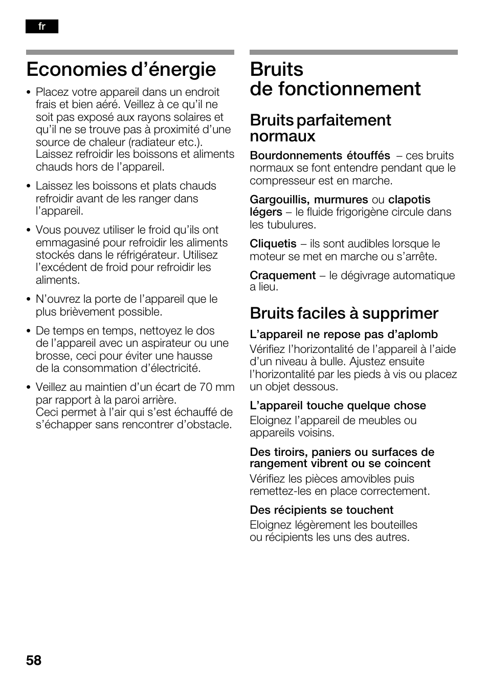 Economies d'énergie, Bruits de fonctionnement, Bruits parfaitement normaux | Bruits faciles à supprimer | Bosch KGN36SM30 Réfrigérateur-congélateur combiné Premium Luxe User Manual | Page 58 / 143