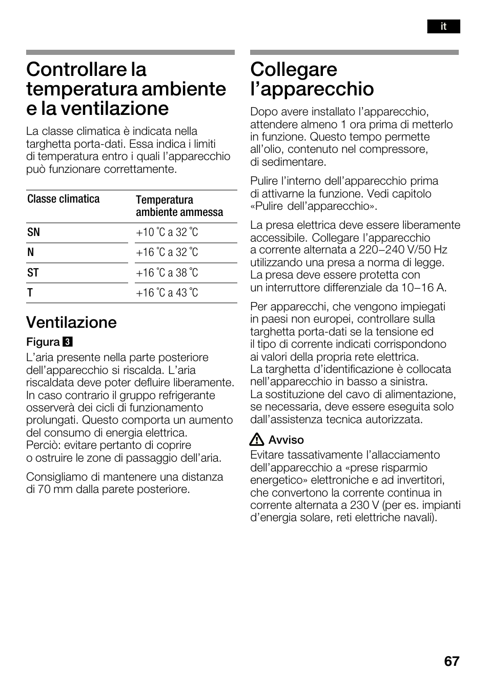 Collegare l'apparecchio, Ventilazione | Bosch KGN36SM30 Réfrigérateur-congélateur combiné Premium Luxe User Manual | Page 67 / 143