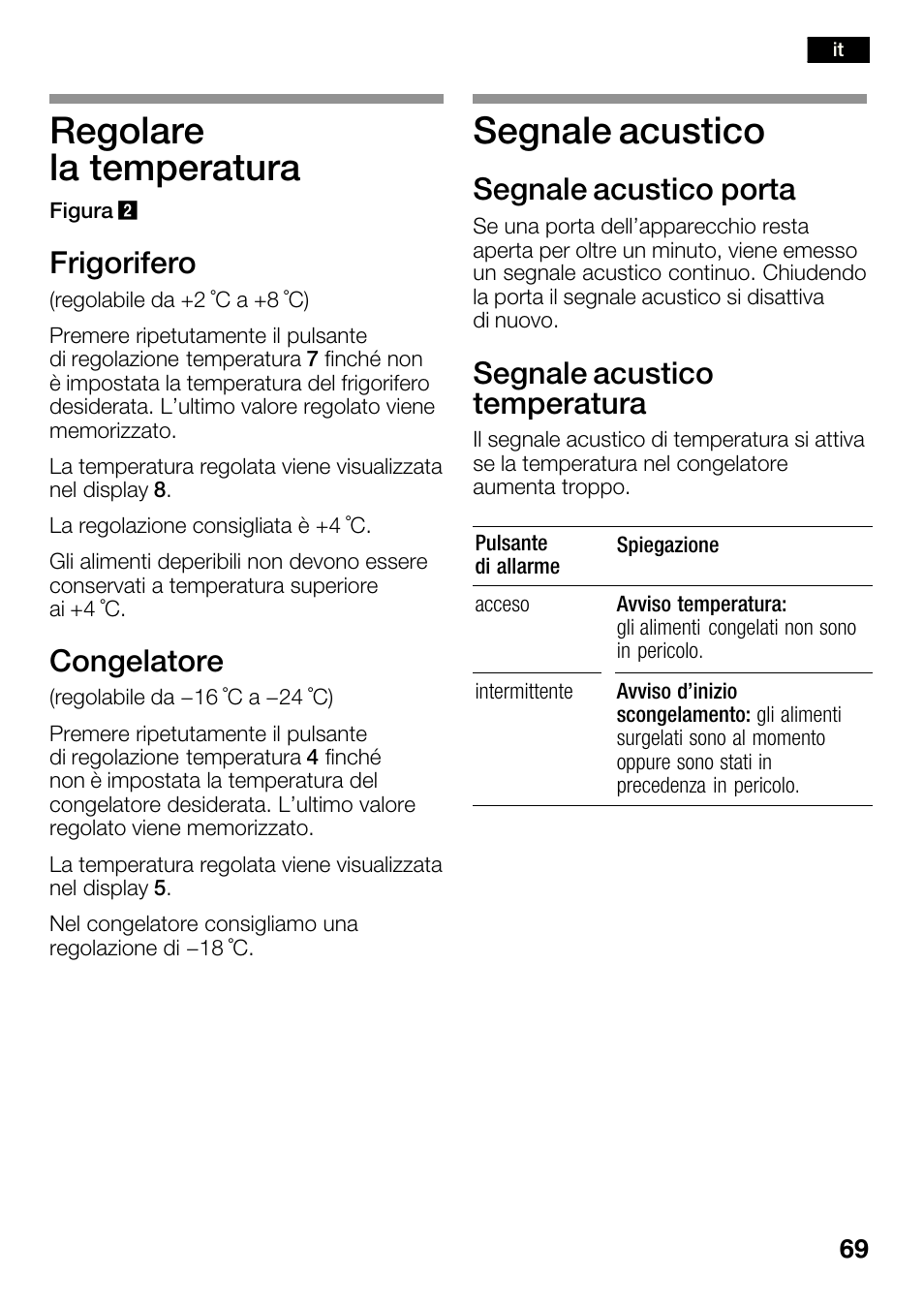 Regolare la temperatura, Segnale acustico, Frigorifero | Congelatore, Segnale acustico porta, Segnale acustico temperatura | Bosch KGN36SM30 Réfrigérateur-congélateur combiné Premium Luxe User Manual | Page 69 / 143