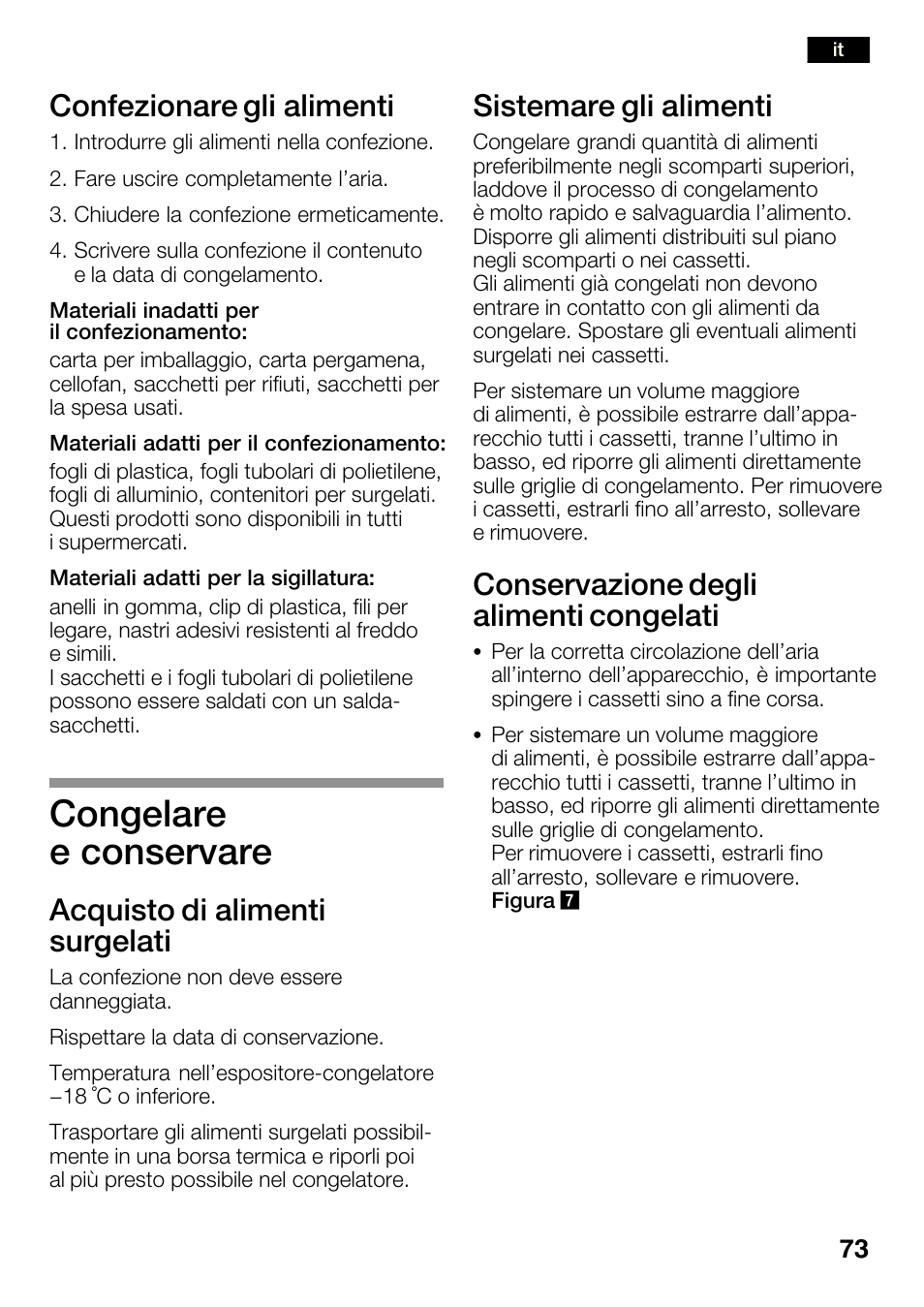 Congelare e conservare, Confezionare gli alimenti, Acquisto di alimenti surgelati | Sistemare gli alimenti, Conservazione degli alimenti congelati | Bosch KGN36SM30 Réfrigérateur-congélateur combiné Premium Luxe User Manual | Page 73 / 143