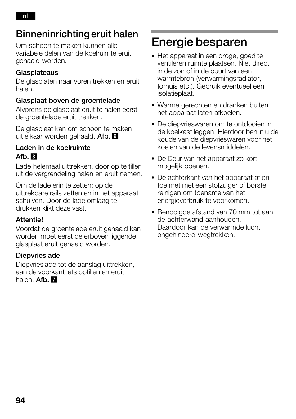 Energie besparen, Binneninrichting eruit halen | Bosch KGN36SM30 Réfrigérateur-congélateur combiné Premium Luxe User Manual | Page 94 / 143