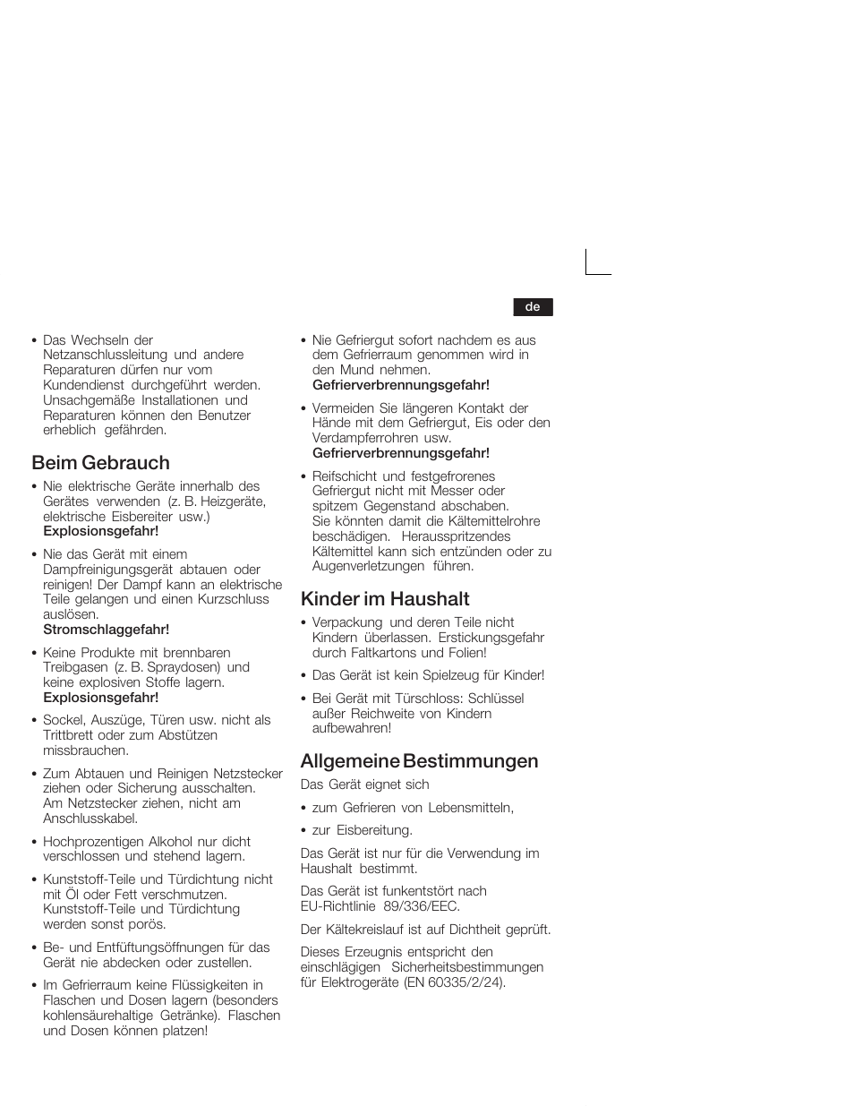 Beim gebrauch, Kinder im haushalt, Allgemeine bestimmungen | Bosch GID18A20 Congélateur intégrable Premium Fixation de porte par glissières User Manual | Page 5 / 65