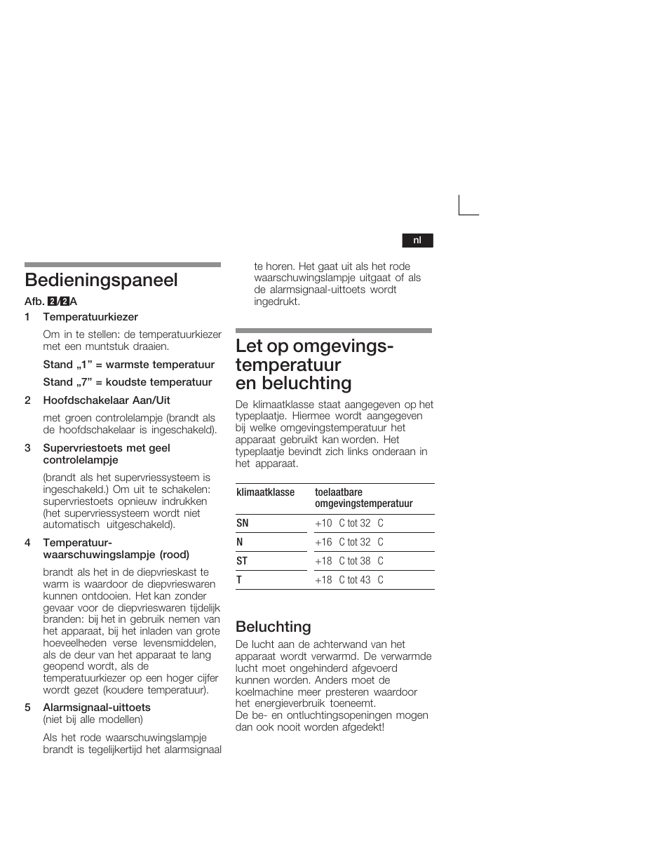 Bedieningspaneel, Let op omgevingsć temperatuur en beluchting, Beluchting | Bosch GID18A20 Congélateur intégrable Premium Fixation de porte par glissières User Manual | Page 53 / 65