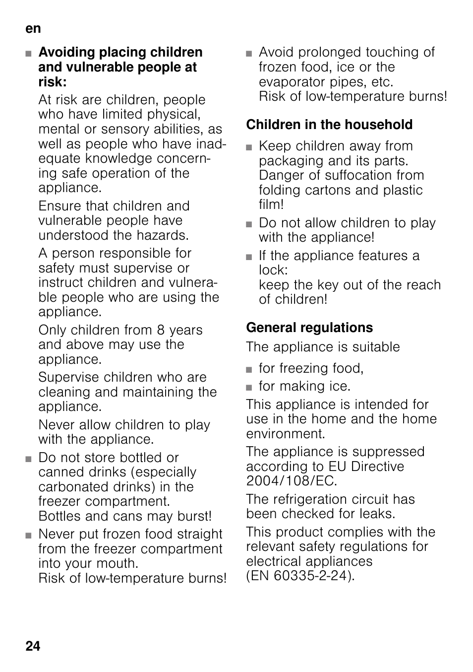 Children in the household, General regulations | Bosch GSV33VW30 Congélateur armoire Confort User Manual | Page 24 / 94