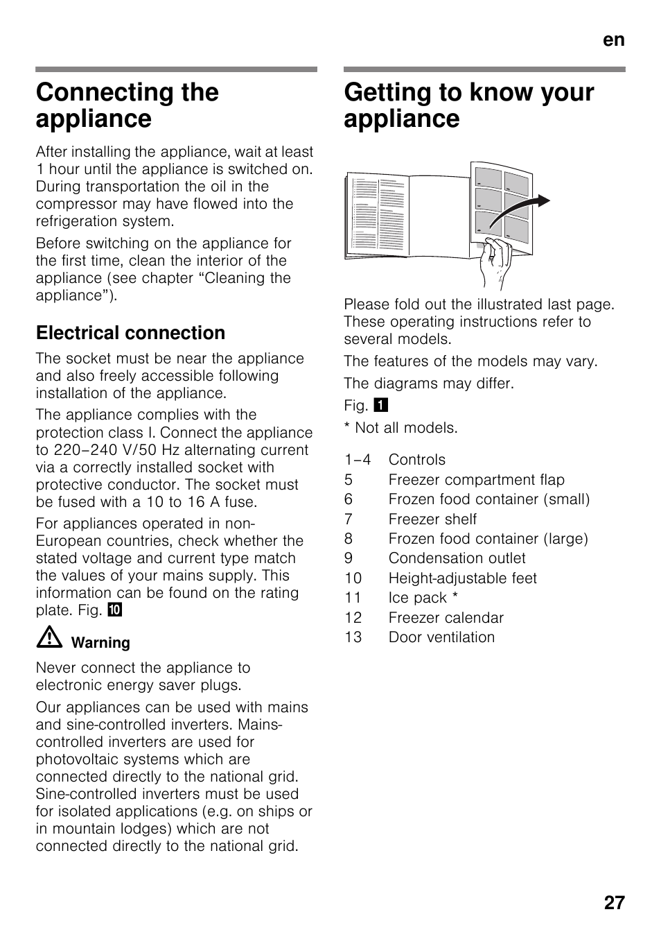 Connecting the appliance, Electrical connection, Getting to know your appliance | En 27 | Bosch GSV33VW30 Congélateur armoire Confort User Manual | Page 27 / 94