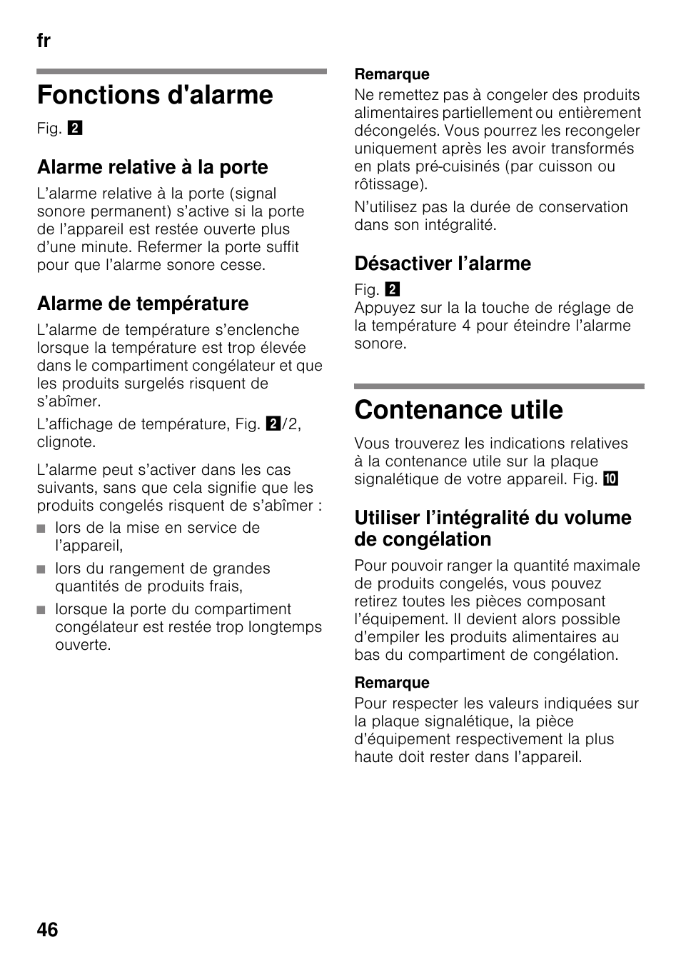 Fonctions d'alarme, Alarme relative à la porte, Alarme de température | Désactiver l’alarme, Contenance utile, Utiliser l’intégralité du volume de congélation, Fonctions d'alarme contenance utile, Fr 46 | Bosch GSV33VW30 Congélateur armoire Confort User Manual | Page 46 / 94