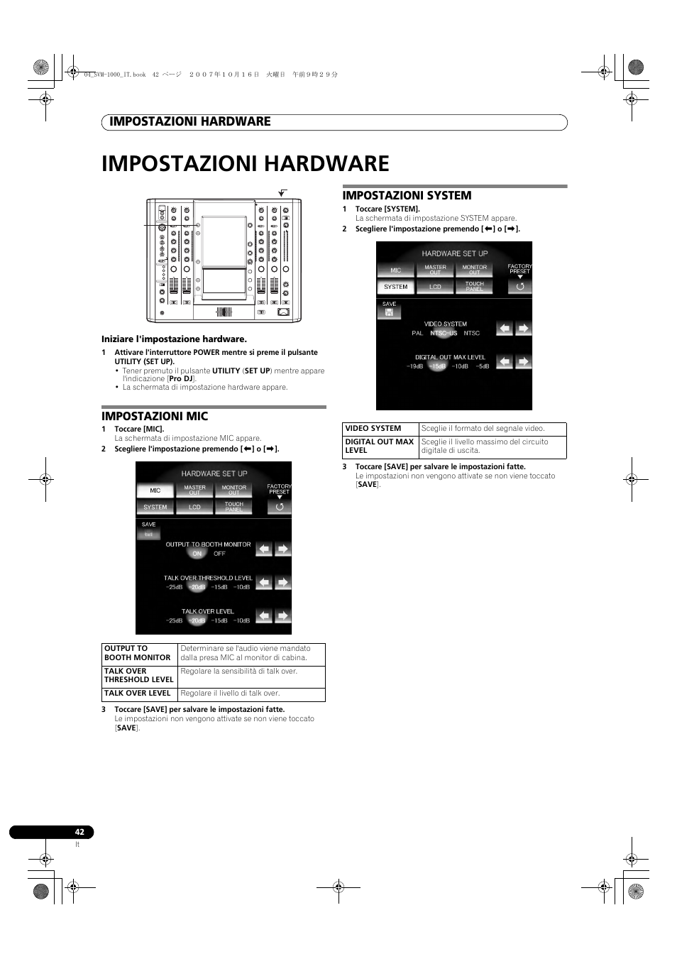 Impostazioni hardware, Impostazioni mic impostazioni system, Impostazioni mic | Impostazioni system | Pioneer SVM-1000 User Manual | Page 180 / 326