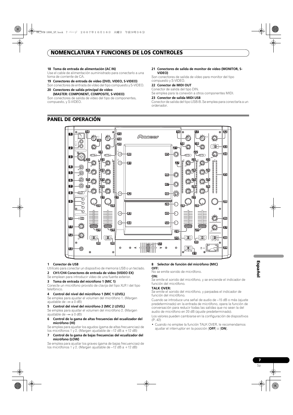 Panel de operación, Nomenclatura y funciones de los controles, Españo l | Svm-1000 | Pioneer SVM-1000 User Manual | Page 237 / 326