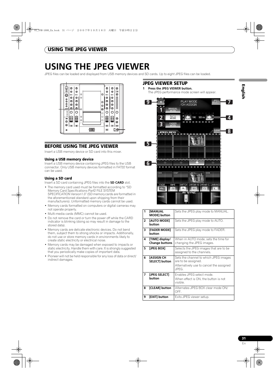 Using the jpeg viewer, Before using the jpeg viewer jpeg viewer setup | Pioneer SVM-1000 User Manual | Page 31 / 326