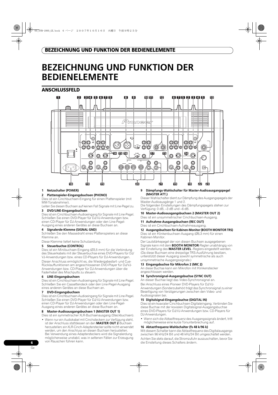 Bedienelemente, Anschlussfeld, Bezeichnung und funktion der bedienelemente | Pioneer SVM-1000 User Manual | Page 98 / 326