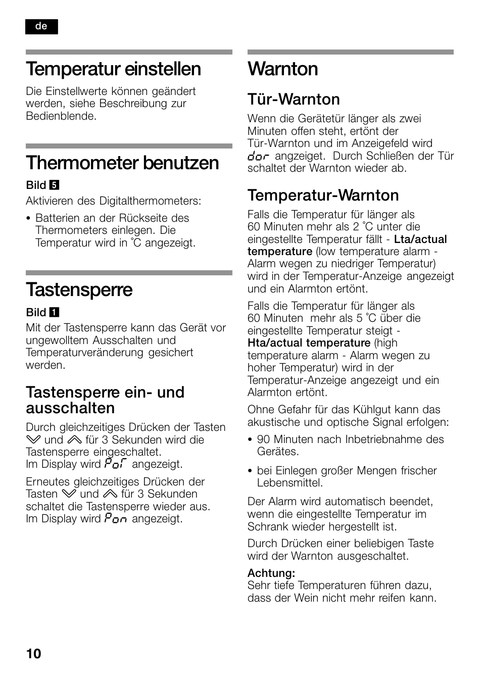 Temperatur einstellen, Thermometer benutzen, Tastensperre | Warnton, Tastensperre ein- und ausschalten, Tür-warnton, Temperatur−warnton | Bosch KSW38940 Cave à vin de vieillissement Premium Luxe User Manual | Page 10 / 74