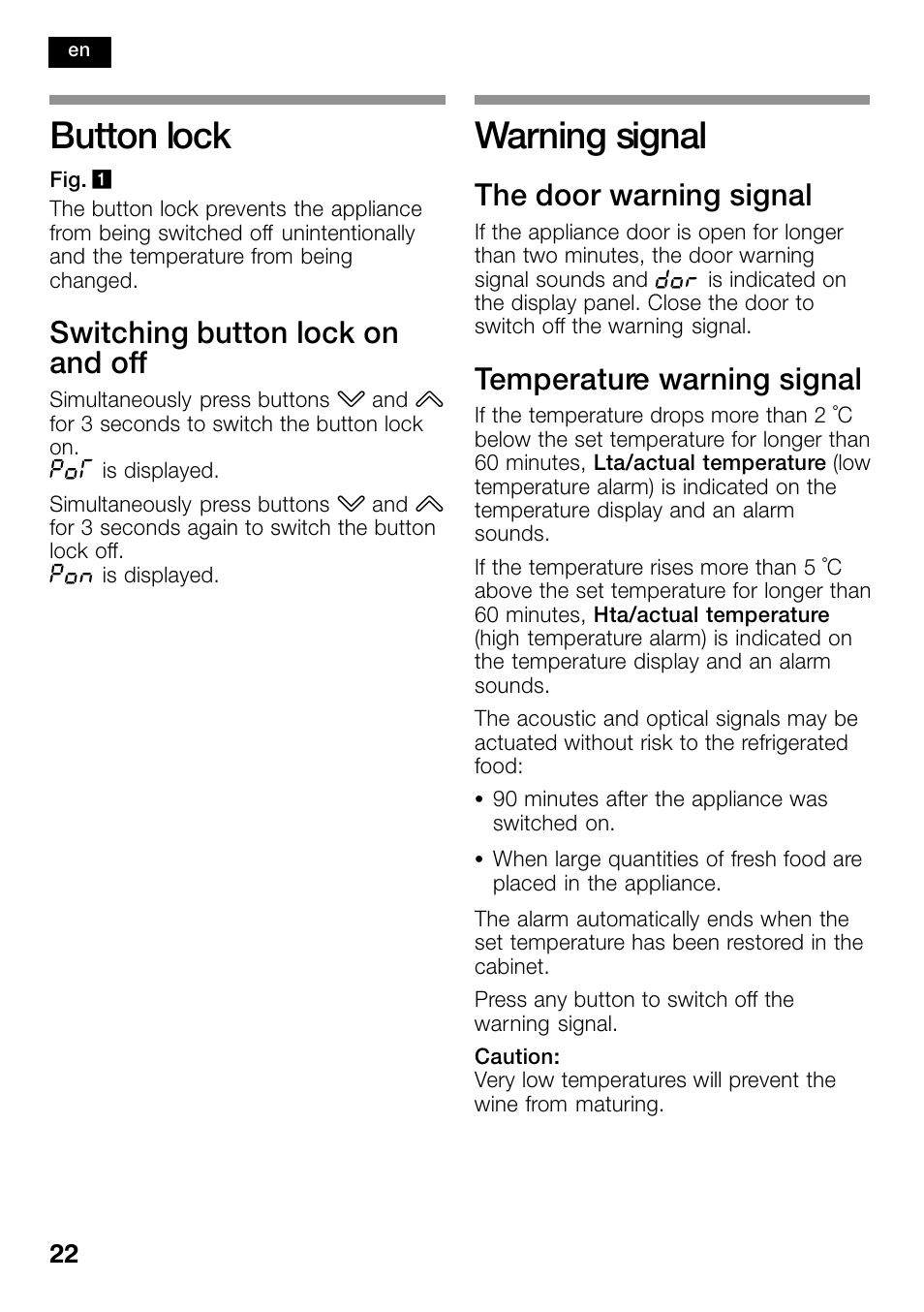 Button lock, Warning signal, Switching button lock on and off | The door warning signal, Temperature warning signal | Bosch KSW38940 Cave à vin de vieillissement Premium Luxe User Manual | Page 22 / 74
